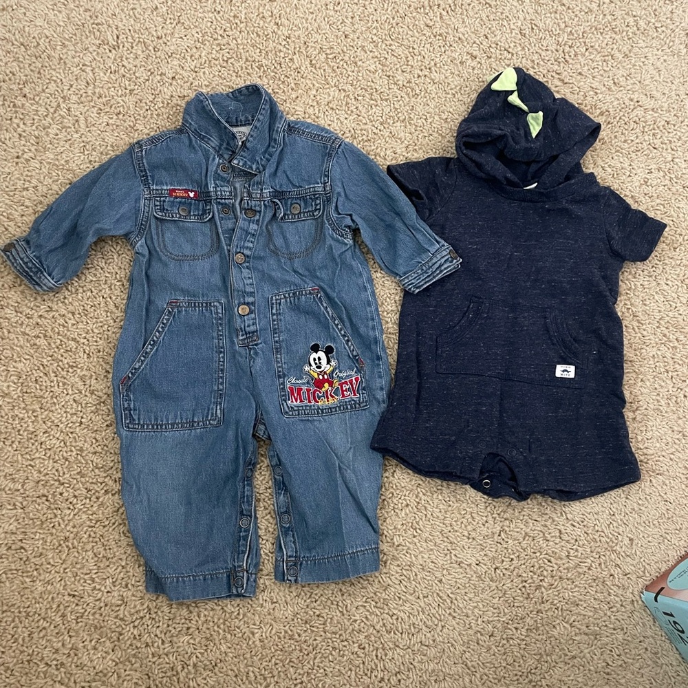 Kids boys Mickey Denim Jumpsuit + Dino Navy Hooded Romper Set- 12M